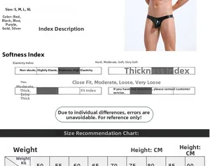 Guide des tailles pour slips homme avec dimensions, couleurs et détails du matériau