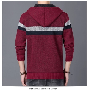 Detail of men's knit cardigan with thick fleece lining and striped back design