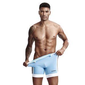 Close-up of men's blue slim fit athletic bodysuit with side stripes and white trim