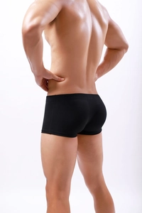 Detailed back view of men's black quick-dry swim trunks showing snug fit and fabric texture