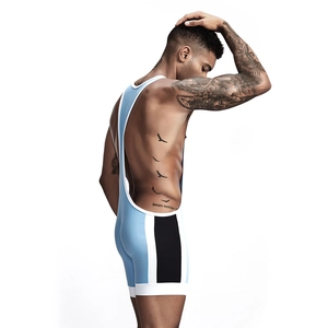 Side view of light blue athletic wrestling singlet with black and white side stripes