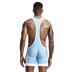 Detail of men's athletic wrestling singlet showing racerback design and side stripes