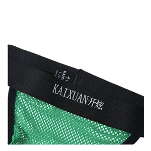 Men's breathable mesh jockstrap featuring black elastic waistband and green netting