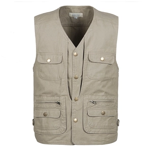 Gilet cargo multitasche da uomo color kaki con scollo a V in tela di cotone