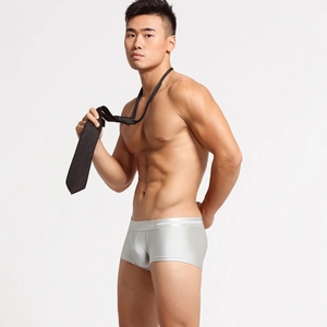 Detailed view of silver men's nylon boxers featuring a branded elastic waistband