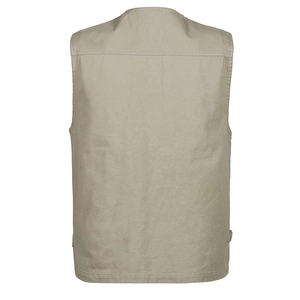Gilet cargo da uomo kaki con collo alto e tasche multiple visto dal retro
