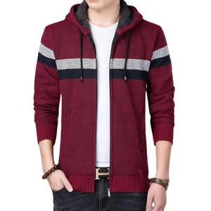 Men's knit hooded jacket in burgundy with warm fleece lining and color block stripes