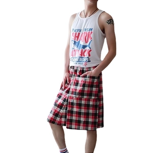 Men's summer casual set with shark print white tank top and red plaid culottes