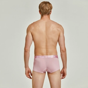Rear view of pink men's low-rise boxer briefs with wide elastic logo waistband