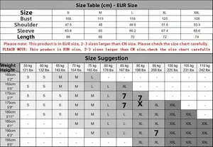 Detailed size guide for men denim jacket featuring EUR measurements and body weight chart
