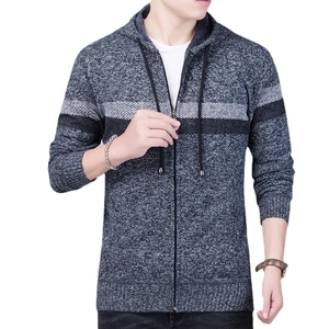 Men's grey hooded knit cardigan sweater with contrast stripes and fleece lining