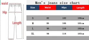 Guida alle taglie dettagliata per jeans grigi da uomo con misure vita e lunghezza