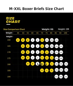 Size chart for men's mesh boxer briefs showing height and weight for sizes M to XXL