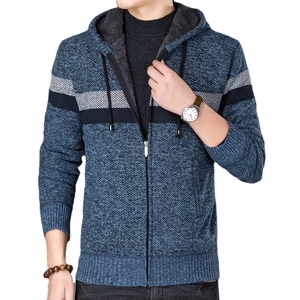 Men's blue fleece hooded knitted cardigan with striped chest pattern and zipper closure