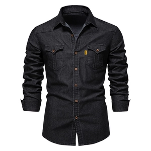 Chemise en Jean Décontractée pour Hommes Coton Doubles Poches Col Rabattu Coupe Slim Manches Longues Hauts en Denim