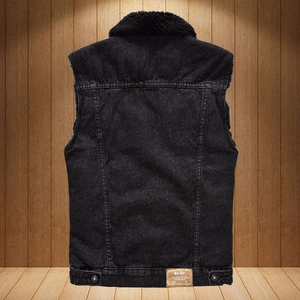 Men's black denim vest with fleece collar and faux leather back patch, flat lay view