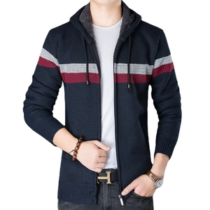 Men's navy blue hooded knit cardigan with fleece lining and striped chest design