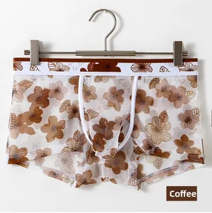 Close-up of brown floral print mesh boxers for men with breathable ice silk fabric