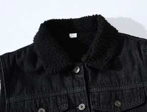 Men's casual black denim vest with thick warm sherpa fleece collar and metal buttons