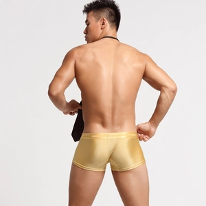 Rear view of gold low-waist nylon boxer briefs for men with a glossy silk texture