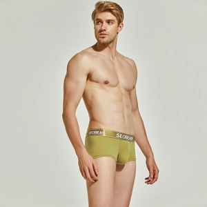 Detail of olive green boxer briefs with golden elastic waistband and ergonomic U-pouch