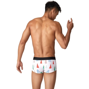 Back view of men's low rise boxer briefs with colorful Christmas tree print and black waistband