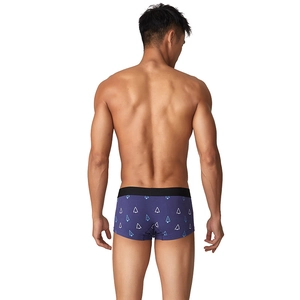 Men's low-waist boxer briefs in dark purple with blue tree print and black elastic waistband