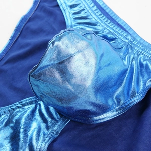 Slip de bodybuilding pour hommes avec tissu bleu foncé et poche bleue métallique brillante