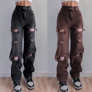 Zerrissene High-Waist-Jeans mit weitem Bein in Anthrazitgrau und Schokoladenbraun