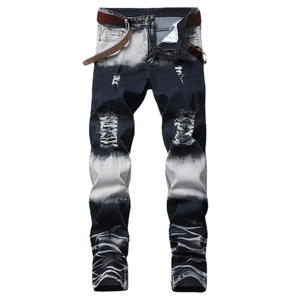 Jeans Strappati da Uomo in Misto Cotone Sfumati Taglio Dritto Streetwear Pantaloni in Denim Con Cerniera sulla Gamba Moda Casual