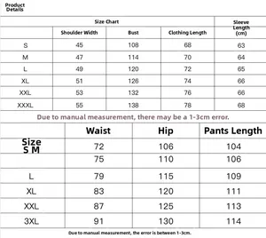 Detailed size chart for hooded sweatshirt and pants tracksuit set with precise measurements