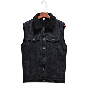 Men's casual black fleece lined denim vest with warm faux fur collar and button pockets