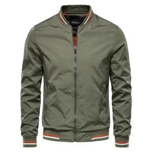 Giacca Bomber Casual da Uomo in Poliestere Leggero Collo Alto Finiture a Costine Strisce Zip Completa Antivento per Primavera Autunno