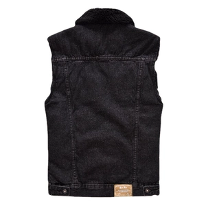 Men's black denim vest with thick fleece collar and premium leather back patch