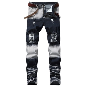 Jeans da uomo strappati con lavaggio sfumato blu e dettagli decorativi con zip sul fondo