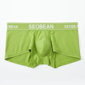 Detailed close-up of neon green men's knit boxer briefs with logo elastic waistband
