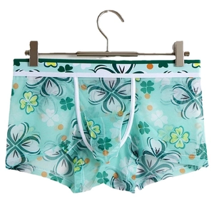 Men's ice silk boxer briefs with clover print and breathable mesh knit fabric