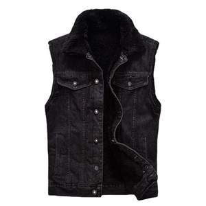 Men's black denim vest with thick fleece lining and button closure on white background
