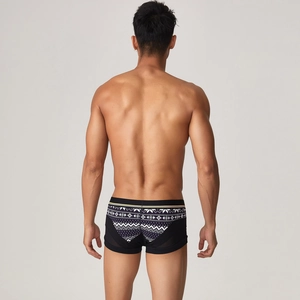 Rear view of men's low-waisted trunks with geometric patterns and side mesh detail