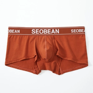 Detail of caramel orange men's boxer briefs with a wide elastic logo waistband and U-pouch