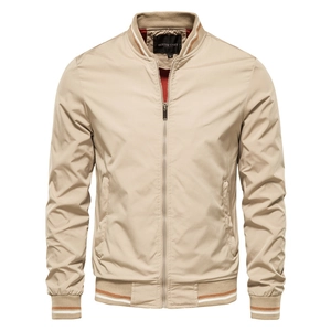 Giacca bomber casual da uomo beige con collo alto e polsini a coste a righe