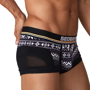 Close-up of men's low-waist boxer briefs with geometric patterns and mesh paneling