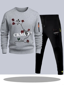 Detail of grey sweatshirt set with red rose graphic and sleeve zipper pocket