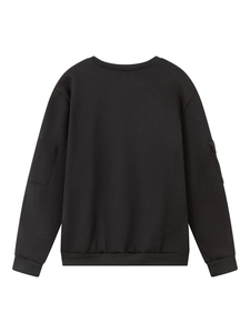 Rear view of black round neck sweatshirt showing utility pocket and ribbed texture cuffs