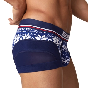 Men's low-rise navy boxer briefs with Fair Isle snowflake print and mesh side panels