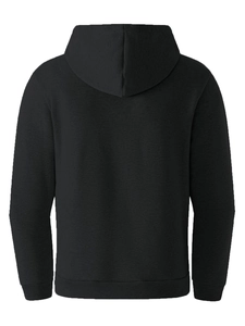 Rear view of a solid black hooded sweatshirt with ribbed hem and cuffs in soft fabric