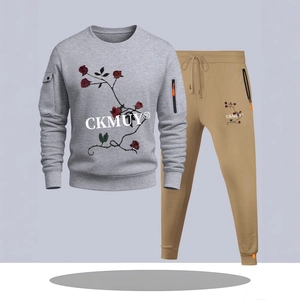 Men's grey rose print sweatshirt and khaki joggers set with zipper sleeve detail