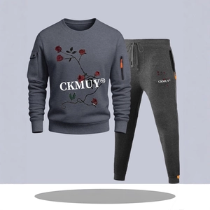 Men's dark grey hooded tracksuit with rose embroidery and zip pocket detailing