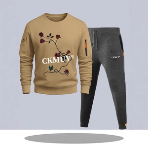 Men's khaki pullover hoodie and charcoal grey joggers sport set with floral pattern