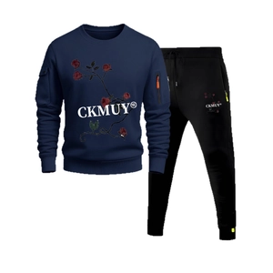 Men's navy tracksuit set featuring logo print sweatshirt and black joggers pants